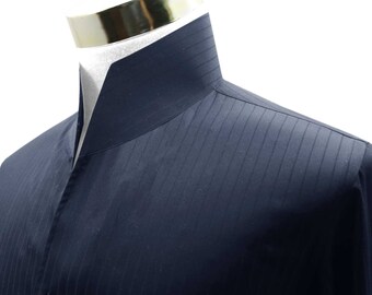 High Neck Open 3" Collar Karl Lagerfeld Style Navy Blue Pin Stripes Men's Shirt/ High Stiff Chinese Mandarin Collar/ Open Buttonless Collar