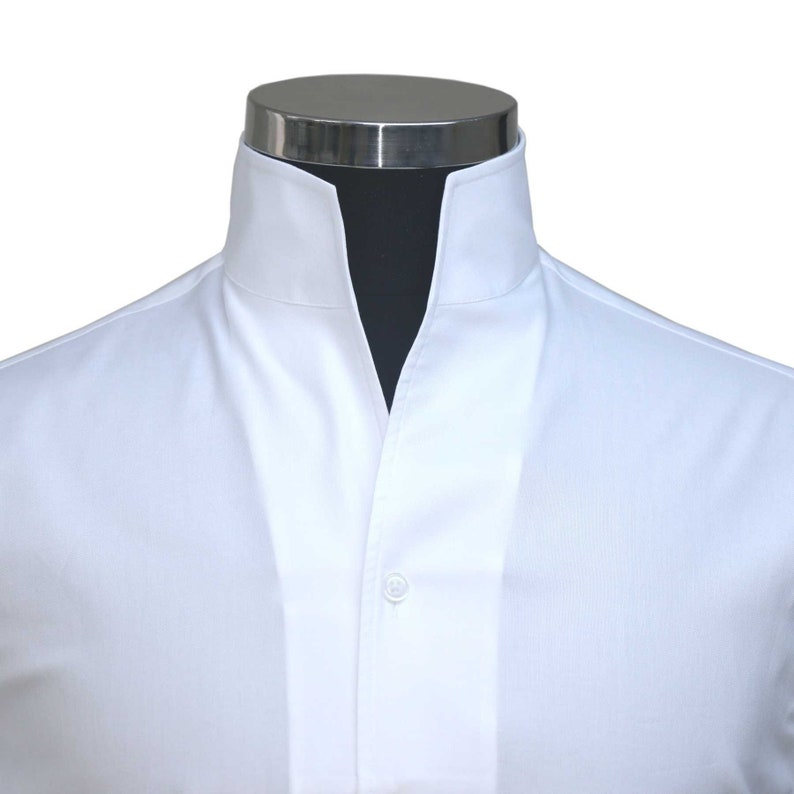 High Open 3 Stand up Buttonless V Collar Shirt, Plain White Men's Shirt ...