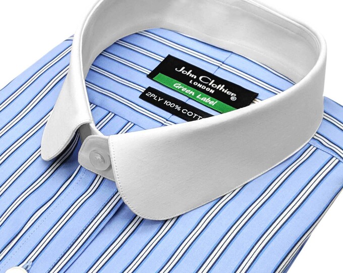 Peaky Blinders Round Penny Club Collar Blue & White Stripes Dress Shirt