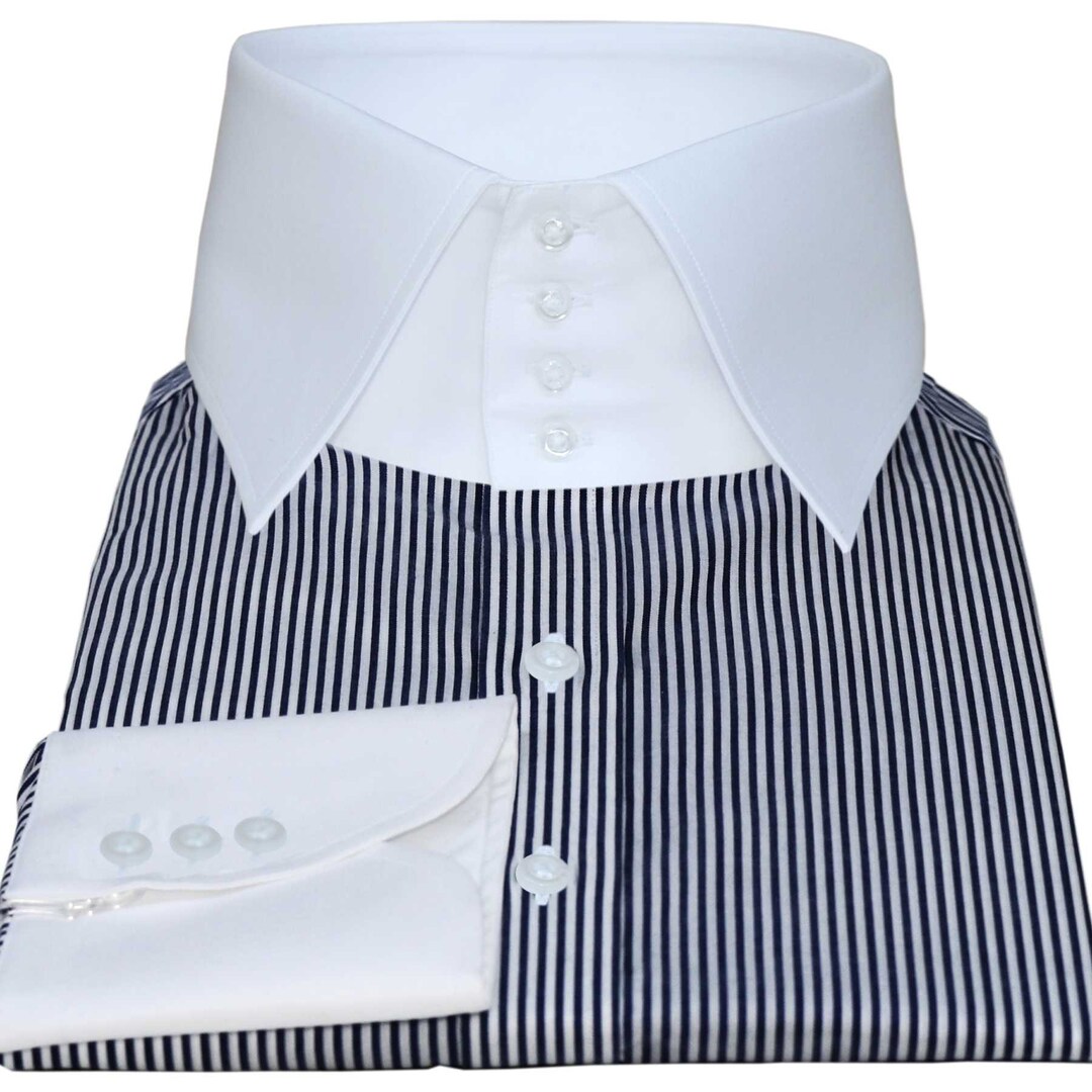 English Wide Spread Collar Navy Blue Pin Stripes Shirt Men/ - Etsy