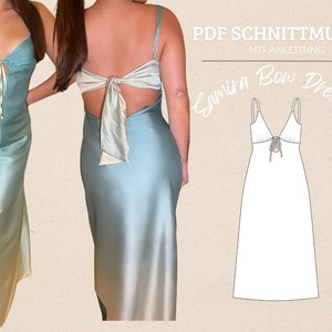 May include: A PDF sewing pattern for a blue and white satin dress with a bow detail at the back. The pattern is called "Samira Bow Dress" and includes instructions. The pattern is available for download from Davia Caserta.