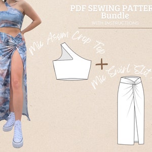 Könnte beinhalten: PDF-Schnittmuster-Paket für ein Crop-Top und einen Rock. Das Crop-Top ist asymmetrisch und der Rock hat einen Wirbel-Schlitz. Das Schnittmuster enthält Anweisungen.