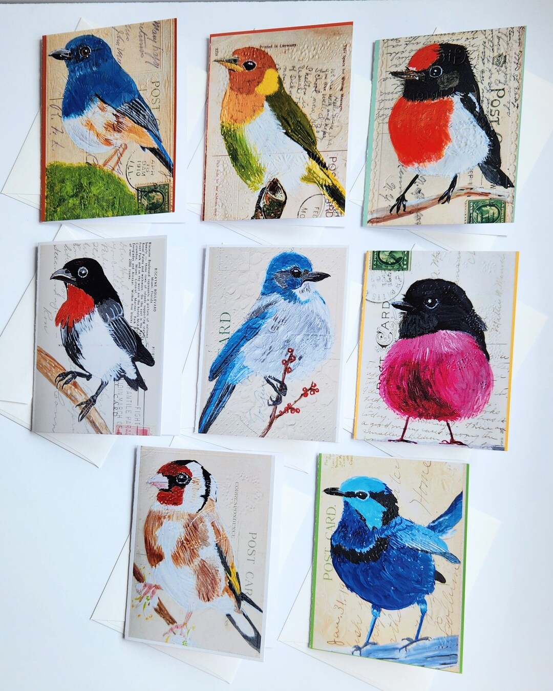 Postcard Note Card Bird Notecard Set, Vintage Postcard Design, Acrylic Art, Set of 8 - Etsy