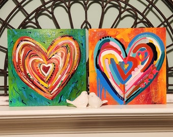 Valentine's Day gift, Bold Colorful Heart Paintings. Original Acrylic Artwork, Bright Wall Decor, LOVE art