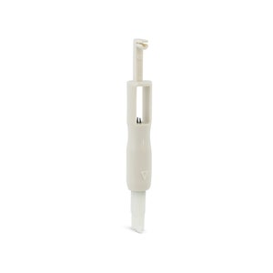 May include: White plastic sewing tool with a hook on the top and a needle on the bottom. The tool is designed to help thread a needle.