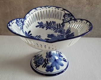 Tulip Shaped Blue China Footed Fruit Bowl