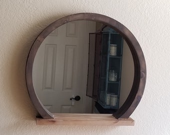 Round Wooden Mirror with Shelf