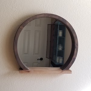 Round Wooden Mirror with Shelf