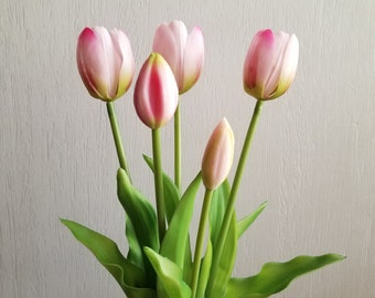 Bouquet de tulipes roses à rayures pour l'intérieur et l'extérieur, 5 têtes