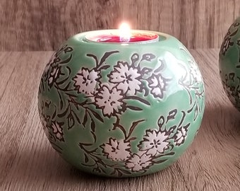 Tealight Holder, Porcelain Tealight Holder, White Chrysanthemum Ceramic Tealight Holder