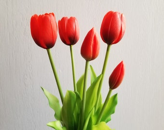 5-Head Red Indoor/Outdoor Real Touch Tulip Bunch
