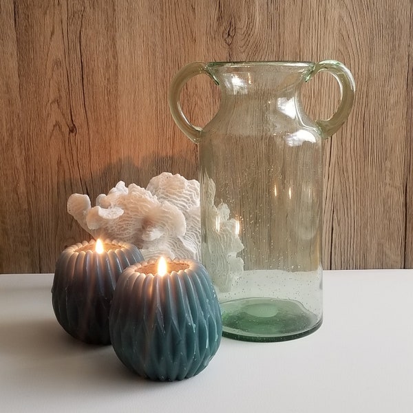 Sea Foam Green Bubble Glass Double Handle Vase 11.5 Inch