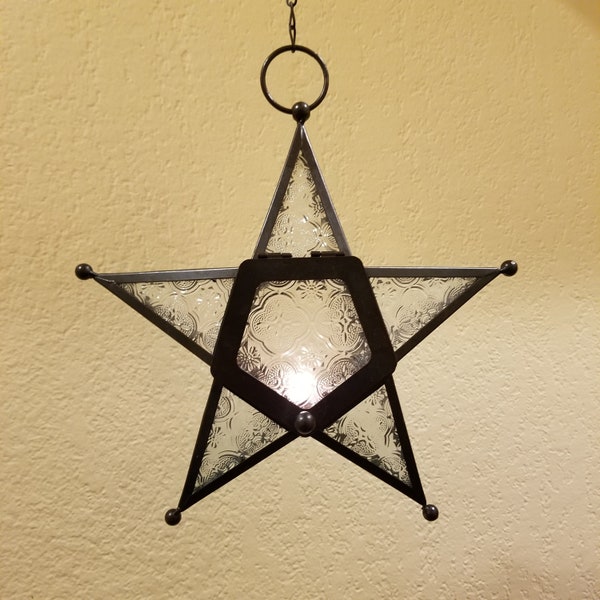 Clear Embossed Glass Hanging Star Lantern