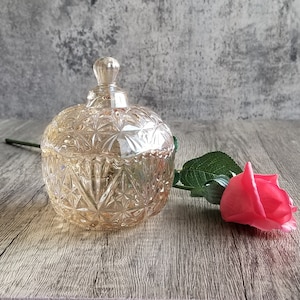 Glass Jar, Decorative Glass Jar, Victorian Style Amber Iridescent Cut Glass Candy Dish w/ Lid