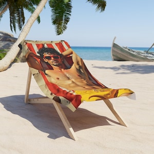 Copy of Beach Towel, 1985 Beach Bod, Sexy Latino Man in Yellow Swim Shorts and Large-Rimmed Red Sunglasses Laying on a stripe beach towel.