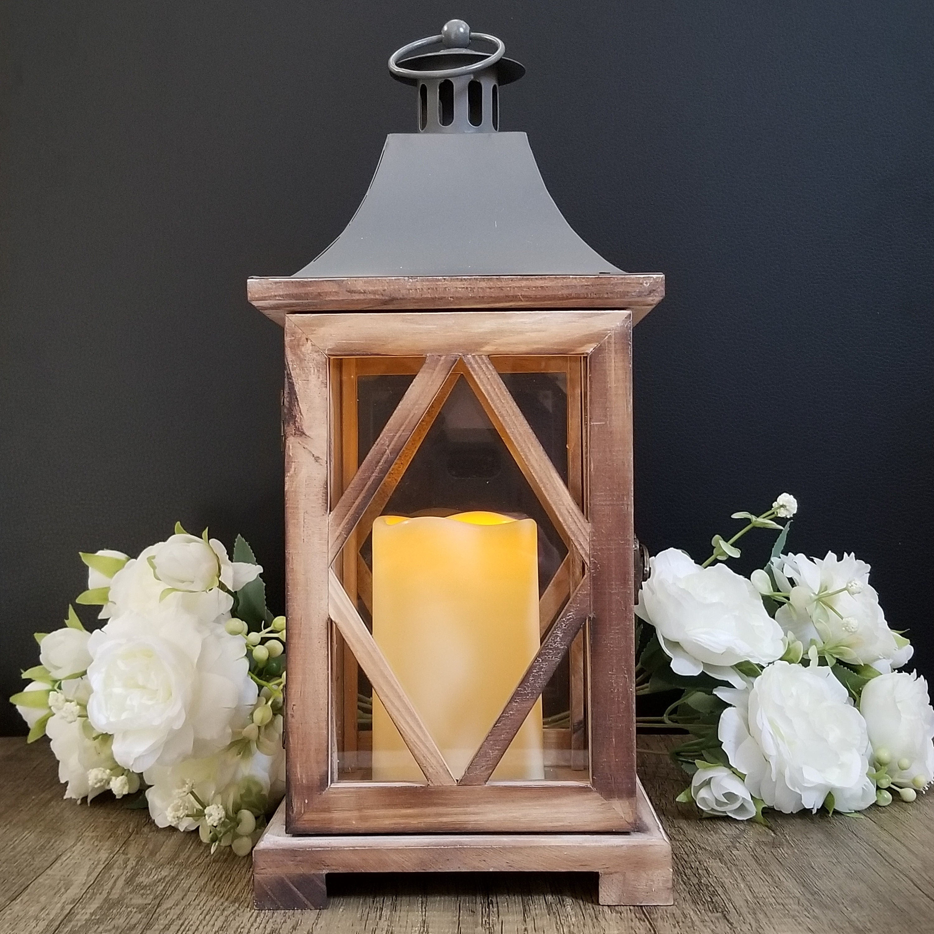 Wooden Candle Gray Lanterns Candle Decorative Holder Set of 2 for Indoor Outdoor, Home Garden Wedding