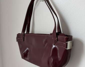 Vintage DKNY Donna Karan City Burgundy Baguette Shoulder Bag Y2K Patent Leather