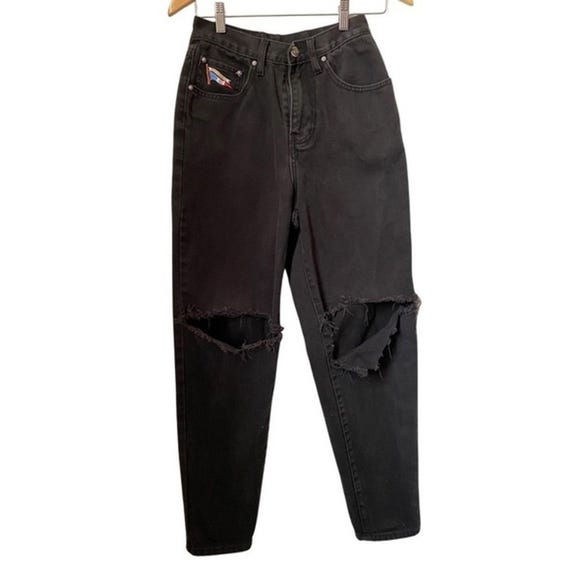 Façonnable, Vintage Faconnable Distressed Logo Black Faded Denim High Waist Mom Jean- Size 4