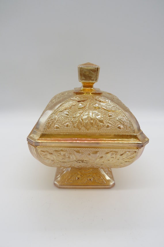 Carnival Glass Pedestal Candy Dish With Lid Peach Etsy