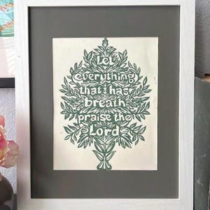 Psalm 150:6 Linocut block printed original, Bible Verse Art Forest Green Tree 8x10