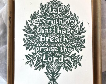 Dossologia Salmo 150:6 Stampa su linoleum / Opera d'arte murale con versetti biblici realizzati a mano / 8x10 Verde foresta
