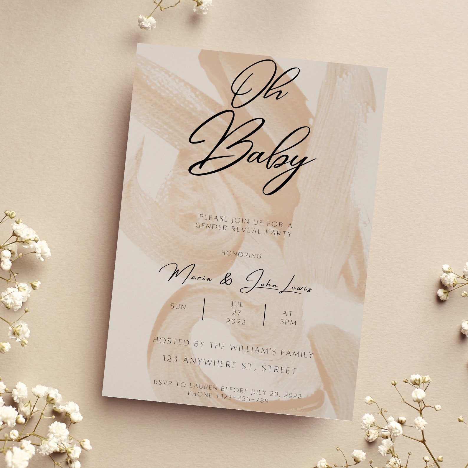 Editable Beige Gender Reveal Invitation, Boy or Girl, He or She, Gender Reveal Invite, Gender