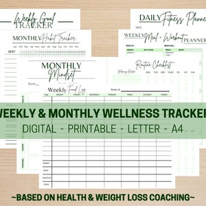 DIGITAL Weekly and Monthly Wellness Trackers - 7 pages - designed by certified Health Coach