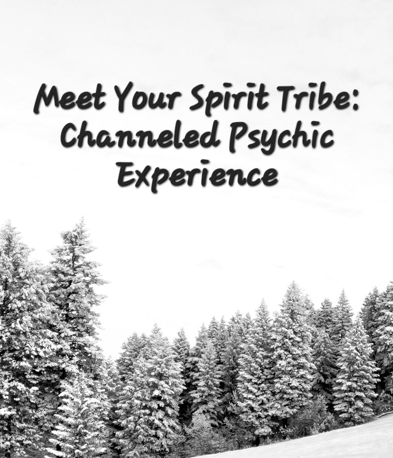 Pu&ograve; includere: Immagine in bianco e nero di una foresta innevata con il testo "Meet Your Spirit Tribe: Channeled Psychic Experience" in alto.