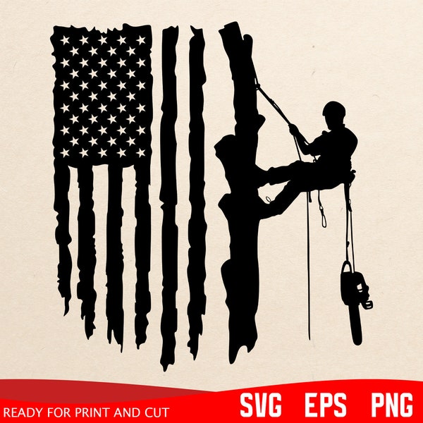 Tree Arborist SVG - Tree Services Svg, Tree Cutter Climbing, Silhouette - Tree Trimmer Cut Files Svg Png, svg png eps, American flag