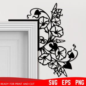 May include: Black and white silhouette of a floral design with a vine and leaves. The design is perfect for a corner of a wall or door frame.