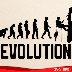 May include: Black and white silhouette illustration of the evolution of a tree climber, starting with a primitive ape and ending with a person climbing a tree with a chainsaw. The text "EVOLUTION" is below the silhouettes.