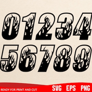 May include: Black and white numbers 0 through 9 with flames around them. The numbers are in a bold, blocky font.