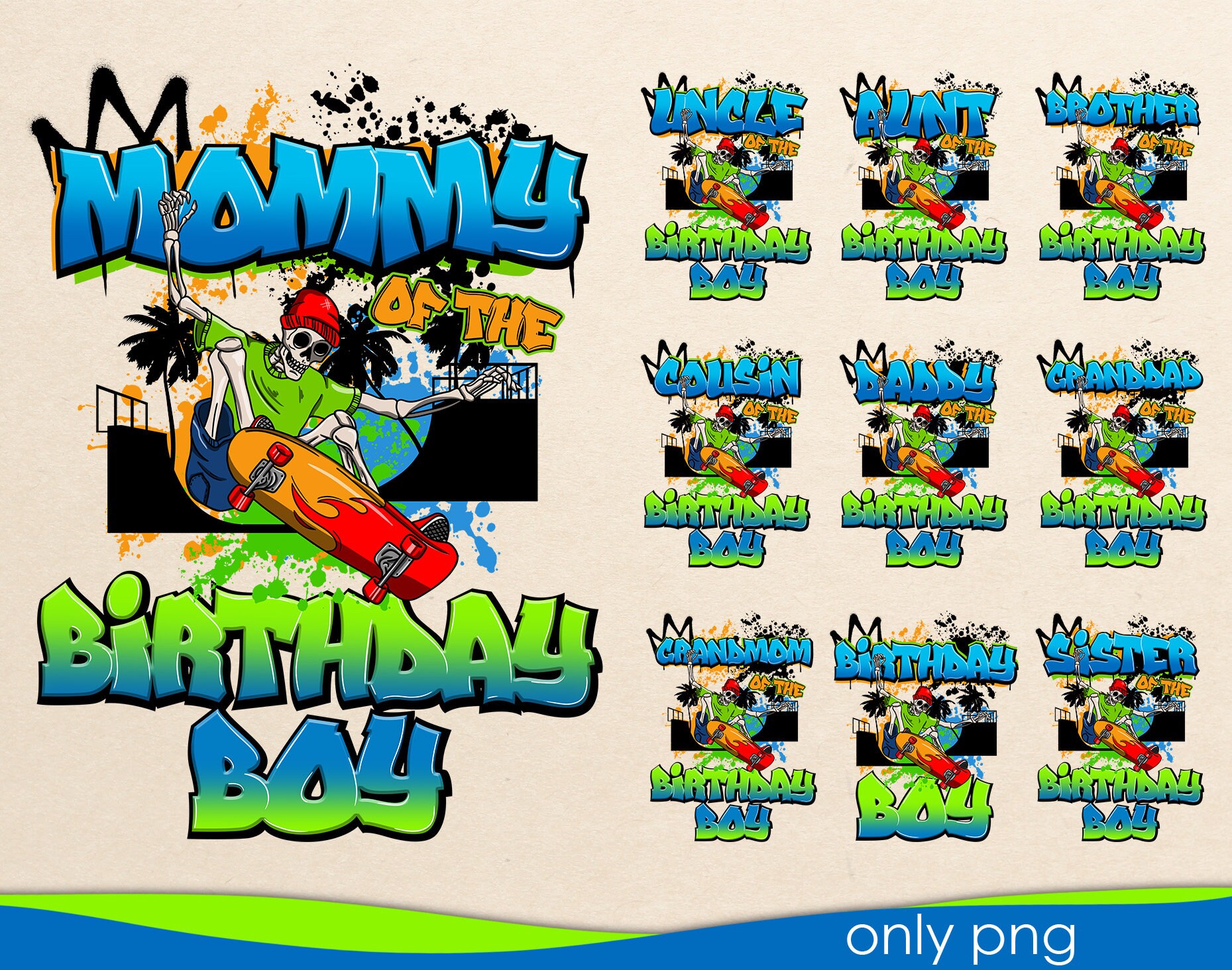 Skateboarding Birthday Boy Png, Skater Boy Png, Skeleton skateboarding birthday Png, Digital Download, Skateboarding birthday family png