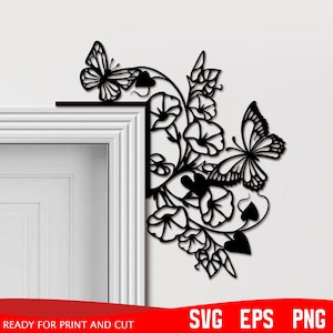 May include: Black metal corner decoration featuring butterflies and flowers. The design includes two butterflies, floral elements, and the text "READY FOR PRINT AND CUT" and "SVG EPS PNG".