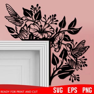 May include: Black silhouette of two hummingbirds with flowers and leaves, suitable for a corner of a wall or door frame.  SVG EPS PNG.