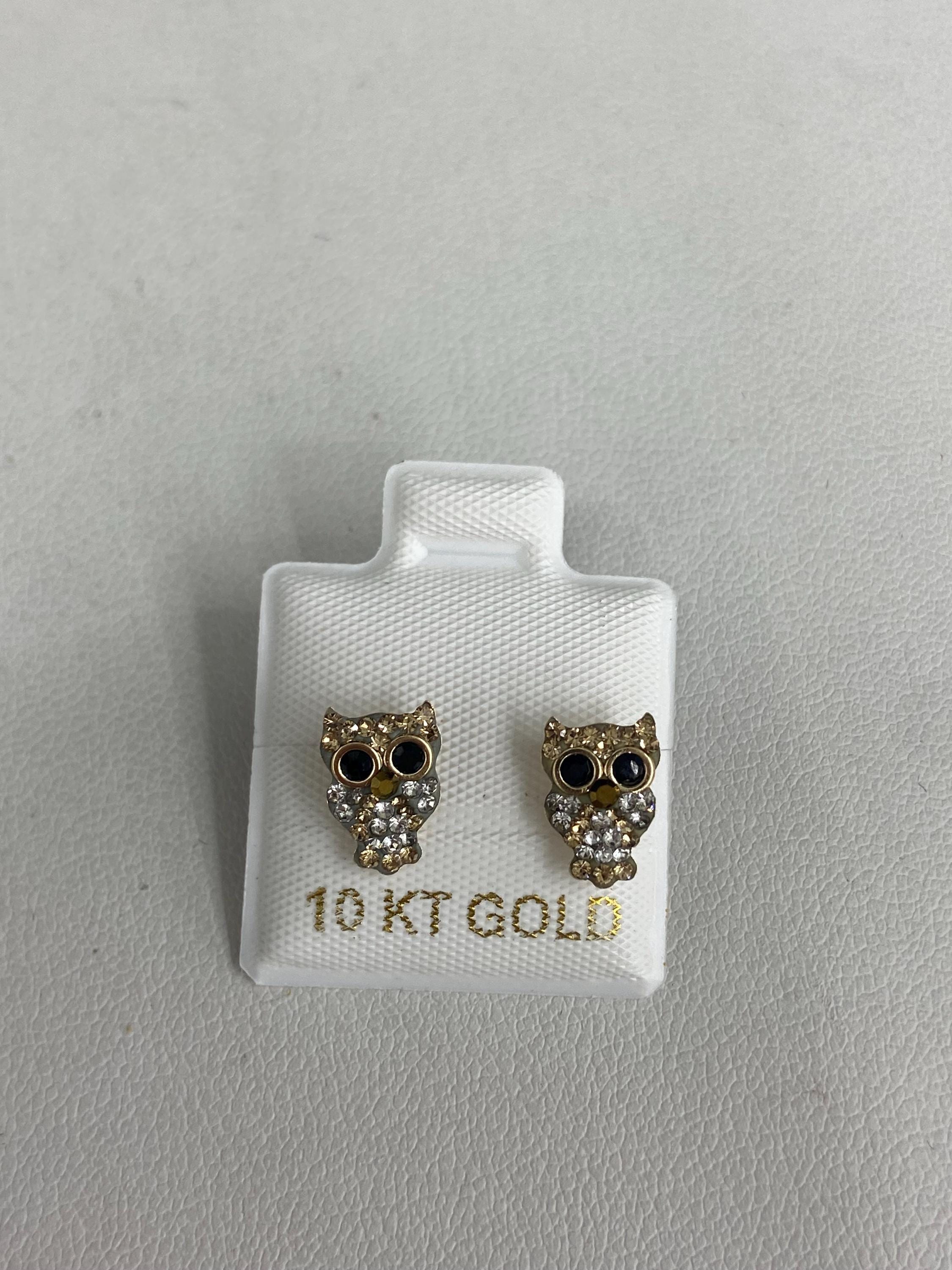 10k Yellow Gold Owl Design Screw-Back Stud Earrings With CZ