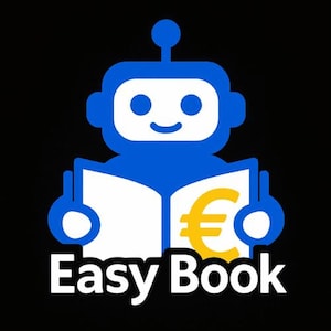 May include: A blue robot illustration holding an open book with a yellow Euro symbol. The text "Easy Book" is displayed in white below the robot and book. The background is black.