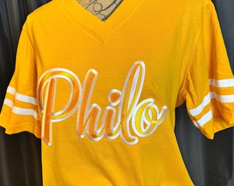 Gold PHILO Script Embroidery T-shirt w/ sleeve stripes