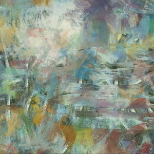 May include: Abstract painting with a mix of blue, green, yellow, and brown brushstrokes. The painting has a textured, layered look.