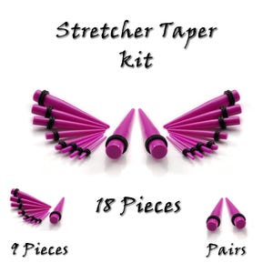 Taper Stretcher For Ears. Body Piercing Gauge Expander Tool. Starter kit size 1.6mm to 16mm. Sold By Pairs, 9 Pieces or 18 Pieces. Purple