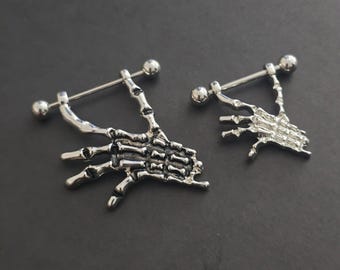 Skeleton Hand Nipple Shield Body Piercing - 14 Gauge Skeleton Halloween Body Jewelry. Silver Or Antique Silver. 2 Sizes