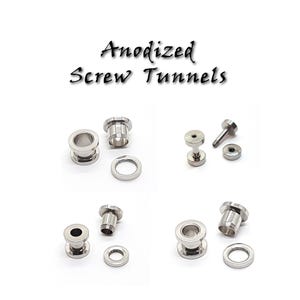 May include: Set of anodised screw tunnels for ear piercings. The set includes two pairs of tunnels, each with a screw-on back. The tunnels are available in different sizes.