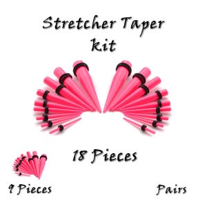 Taper Stretcher For Ears. Body Piercing Gauge Expander Tool. Starter kit size 1.6mm to 16mm. Sold By Pairs, 9 Pieces or 18 Pieces. Pink
