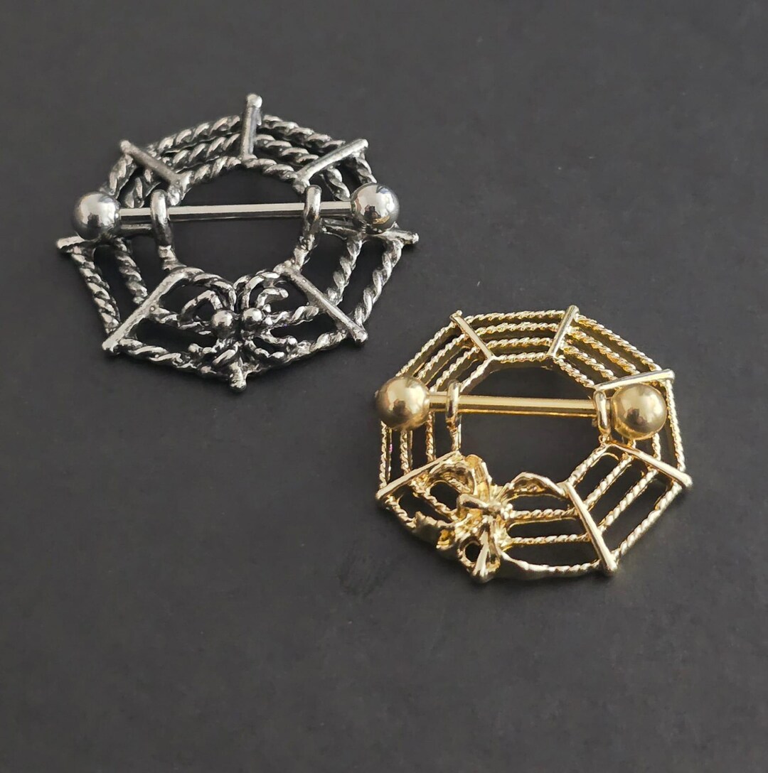 PAIR Of Spiderweb Nipple Shields Spider Web Barbell Rings Body Piercing Jewelry