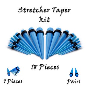 Taper Stretcher For Ears. Body Piercing Gauge Expander Tool. Starter kit size 1.6mm to 16mm. Sold By Pairs, 9 Pieces or 18 Pieces. Sky Blue