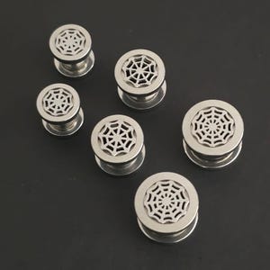 May include: Six silver ear gauges with a spiderweb design. The gauges are different sizes and are arranged in a semi-circle on a black background.
