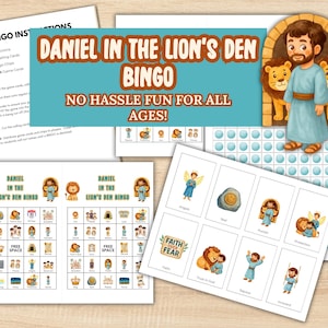May include: A colorful "Daniel in the Lion's Den" Bingo game set. The set includes instructions, calling cards, bingo chips, and game cards. The game features illustrations of Daniel, lions, and other biblical imagery. The text on the game says "No Hassle Fun For All Ages!"