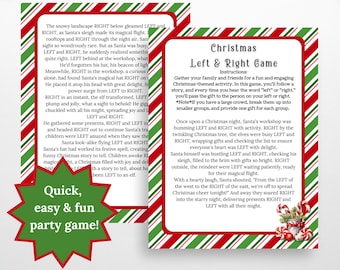 May include: A Christmas-themed game with red and green striped background. The game is called "Christmas Left & Right Game". The instructions are to gather family and friends for a fun and engaging Christmas-themed activity. The game involves following a story and passing a gift to the person on your left or right every time you hear the word "left" or "right".