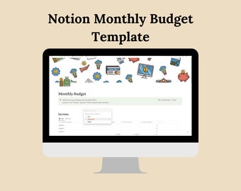 May include: A computer screen displaying a Notion template for a monthly budget. The template includes sections for income and expenses, with a colourful background featuring dollar signs and other financial icons.