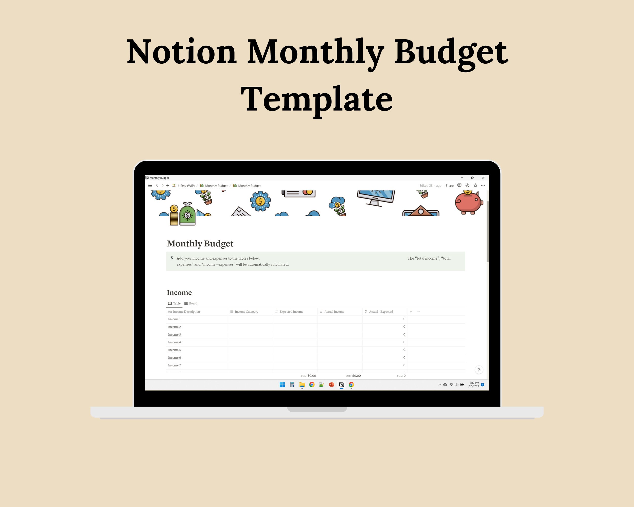 Monthly Budget Template for Notion Etsy
